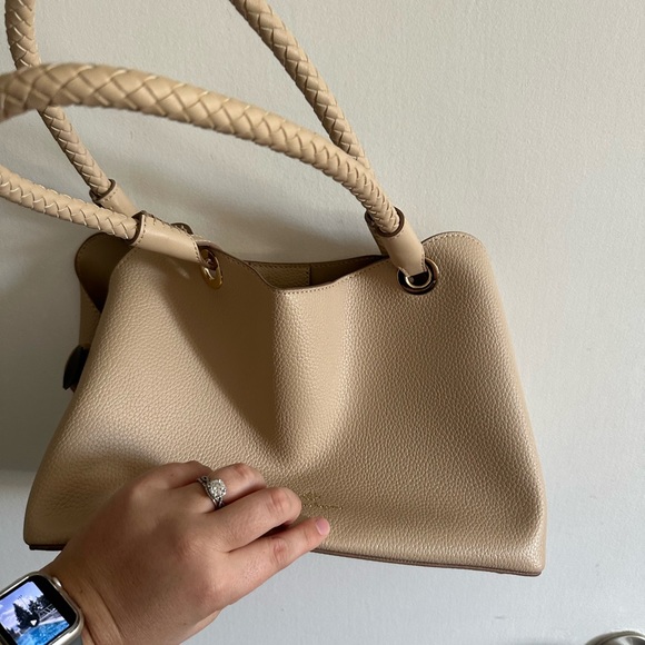 Nanette Lepore Tan Sybil Braided Handle Shoulder Bag Multiple Pockets EUC - Picture 8 of 12